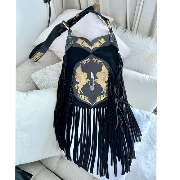 Buffalo Girl Handbags - Buffalo Girl Versailles Apache Tasseled Black Leather Bag with Citrine Crystal